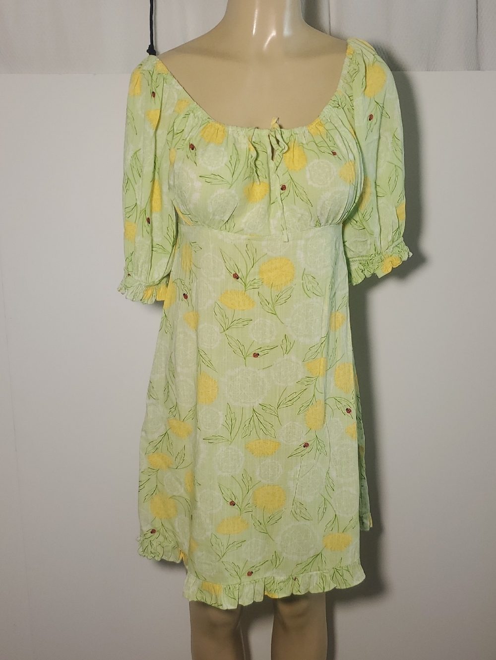 ModCloth Light Green Floral Puff-Sleeve Mini Summer Dress Size M